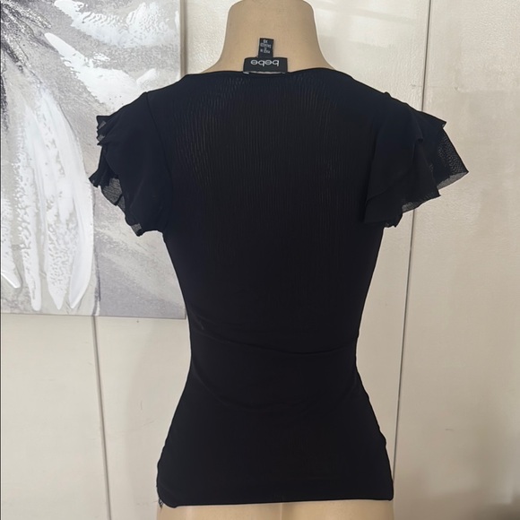 Fitted Black Cap Sleeve mesh top with Ruffled Details - Picture 3 of 8